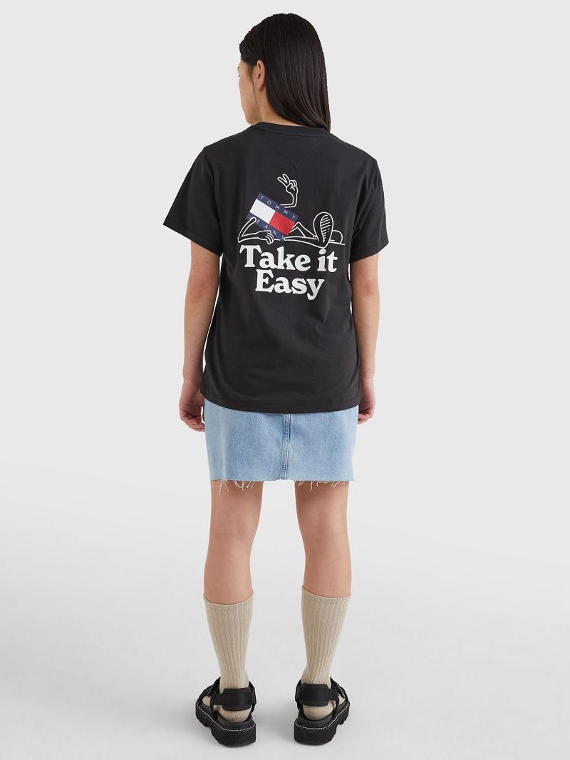 Női Tommy Hilfiger Take It Easy Logo Póló Fekete | HU 482NWY